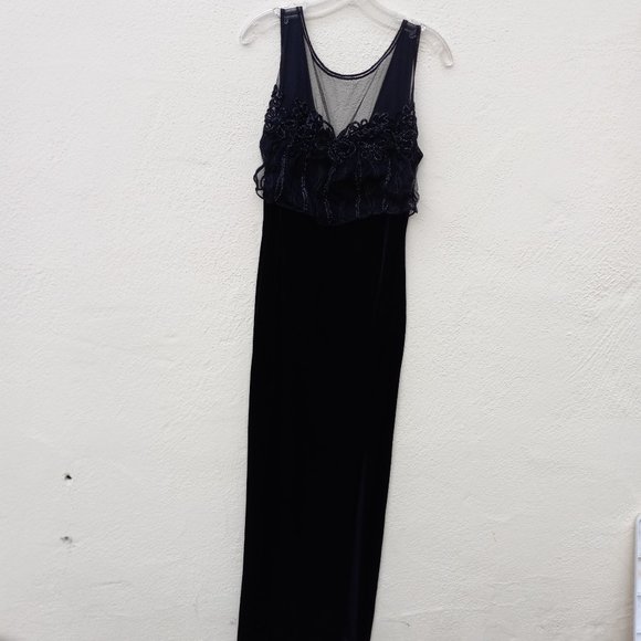 Vintage Velvet Embellished Mesh Overlay Cocktail Evening Gown Whimsigoth 90s 80s